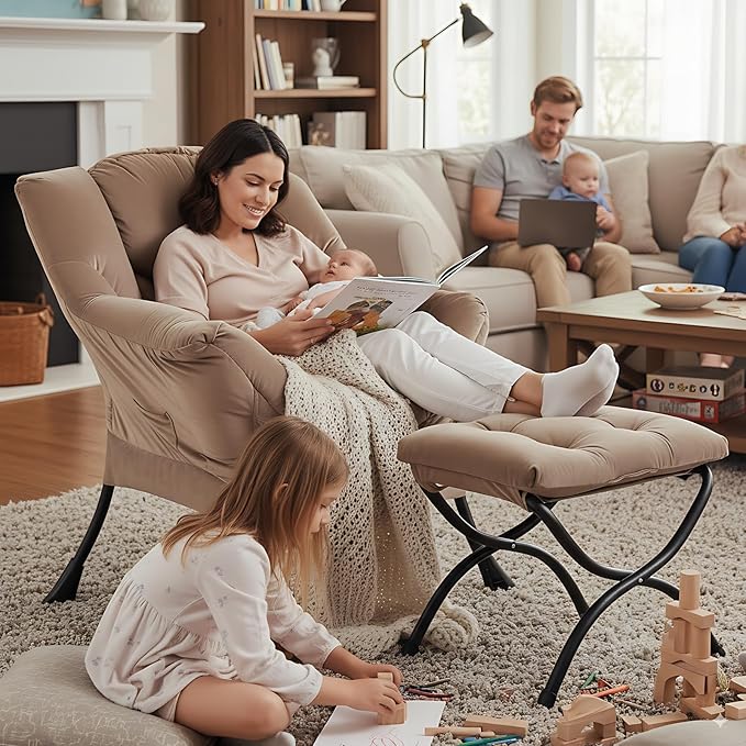 Lazy Chair and Ottoman, Large Accent Lounge Chair with Armrests and a Side Pocket, Modern Leisure Upholstered Sofa Reading Armchair with Footrest for Bedroom, Living Room, Dorm Rooms, Office