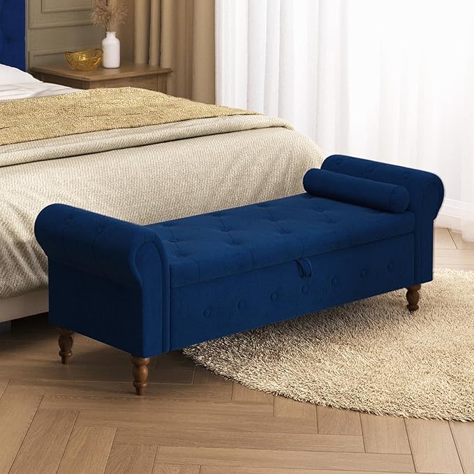 Storage Ottoman Bench for Bedroom, 63" End of Bed Bench with Rolled Arms Upholstered Ottoman Bench Fit for Bedroom, Living Room, Entryway, Velvet Navy Blue