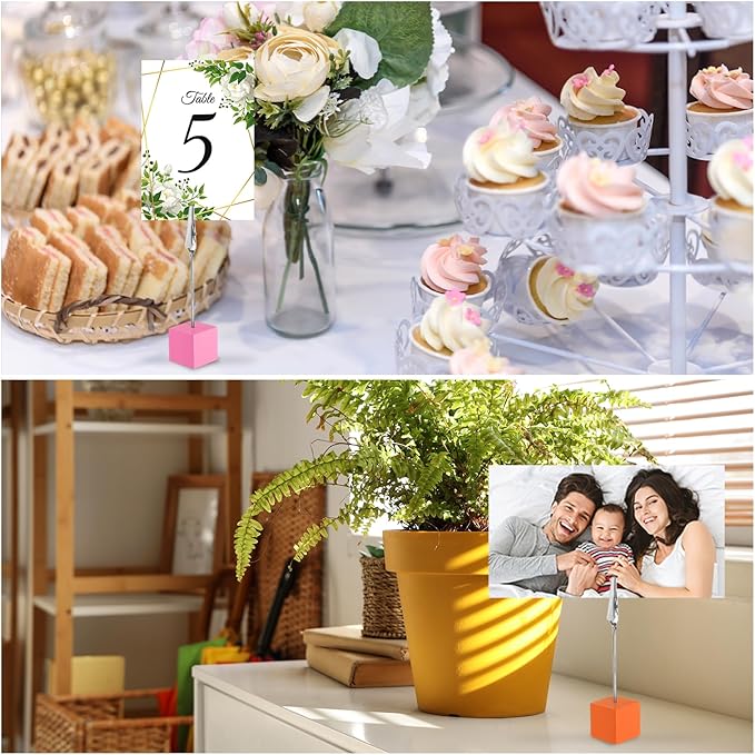 PATIKIL Place Card Holder, 20Pcs Memo Clip Holder Stand with Alligator Clasp Table Number Holders Wooden Base for Pictures Note Card Paper, Light Blue