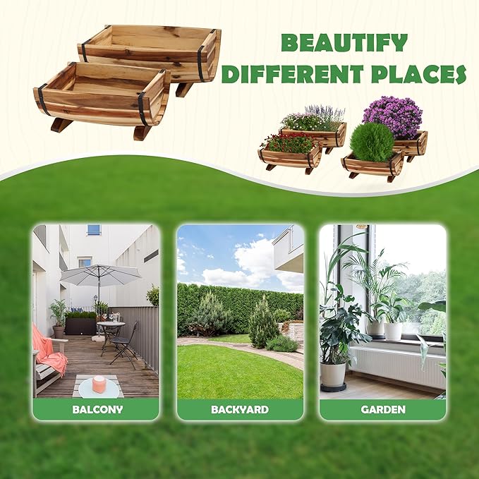 IDZO Solid Acacia Wood Half Barrel Planters Outdoor Set of 2 Different Sizes, Wooden Planters for Outdoor Plants with Metal Bands & Drainage Holes, Legs Included, Natural