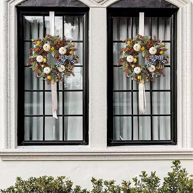 WANNA-CUL 24 inch Large Farmhouse Fall Wreath Decor for Front Door with White Pumpkin,Cotton,Lamb's Ear and Eucalyptus Leaves,Harvest Door Wreath for Autumn or Thanksgiving Decorations