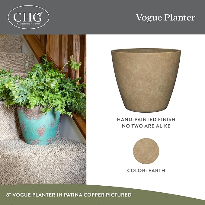 Classic Home and Garden Vogue Planter Pots w/Pottery Quality Finish - Modern Indoor & Outdoor Flower Pots - UV-Resistant Porch Planters - Decorative Pot for Flowers & Herbs (8” Earth)