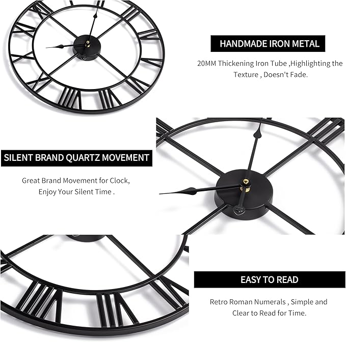 LEIKE 16" Large Wall Clocks Battery Operated, Round Modern Silent Non-Ticking Black Metal Wall Clock for Living Room Decor, Bedroom Kitchen (40cm Diameter, Black Roman Number)