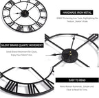 LEIKE Large Wall Clock, 24" Completely Silent, Non Ticking, Battery-Operated,Rustic Round Modern Metal Wall Clock Decor for Living Room, Bedroom and Kitchen, (60cm, Black-Roman Number)