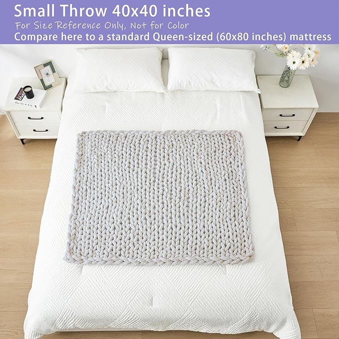 Bigacogo Chunky Knit Throw Blanket for Couch, 40x40 inches, 100% Hand Knitted with Thick Jumbo Chenille Yarn, Cozy Soft Large Rope Knot Cable Crochet Blankets for Sofa Bed Living Room, White