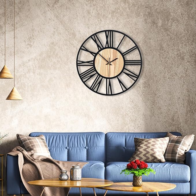 16inch/40cm Wall Clock for Bedroom Living Room Battery Operated Metal Decorative Analog Silent Analog Non Ticking Clocks Room Wall Decor (Wooden Roman Numerals, 16 inches)