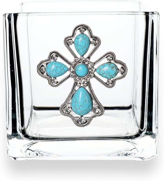 THE QUEENS' JEWELS Turquoise Teardrop Cross Jeweled 4x4 Candleholder Vase - Unique Gift for Women, Birthday, Cute, Fun, Not Painted, Decorated, Bling, Bedazzled, Rhinestone