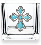THE QUEENS' JEWELS Turquoise Teardrop Cross Jeweled 4x4 Candleholder Vase - Unique Gift for Women, Birthday, Cute, Fun, Not Painted, Decorated, Bling, Bedazzled, Rhinestone