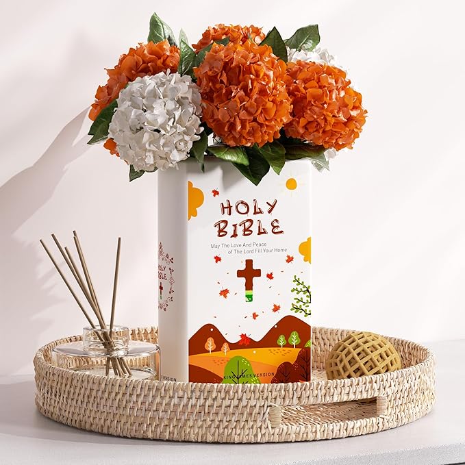 Bible Blessings Fall Flower Vase - Modern Ceramic Book-Shaped Vase for Flowers - Christian Desk Decor for Prayer Room, Dining Table, Coffee Tables, Entryway Console, Religious Gifts (Orange Fall, XL)