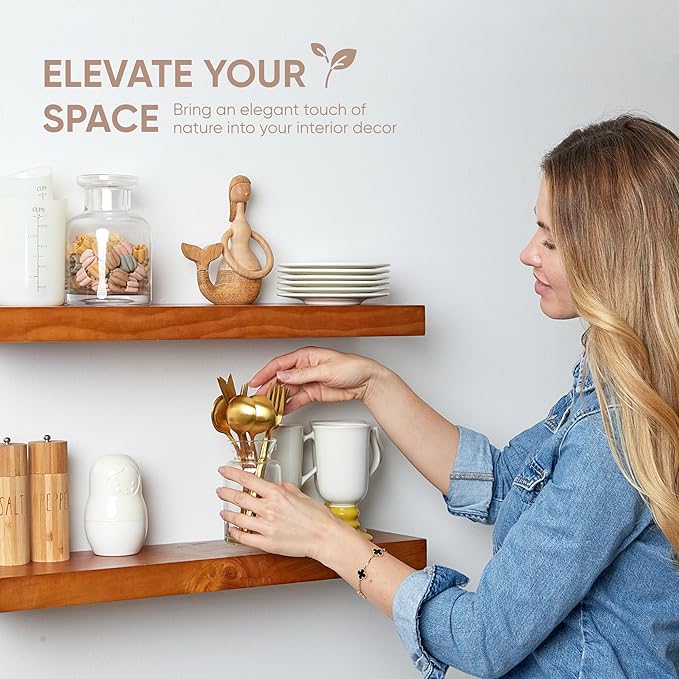 Homeforia Oak Floating Shelves 42 inch Long, High End Solid Real Wood 42inch Floating Shelves for Wall Mounted, Honey Oak Wooden 42in Floating Shelf, Heavy Duty Bracket, 42 X 6.5 X 1.75 in, Set of 3