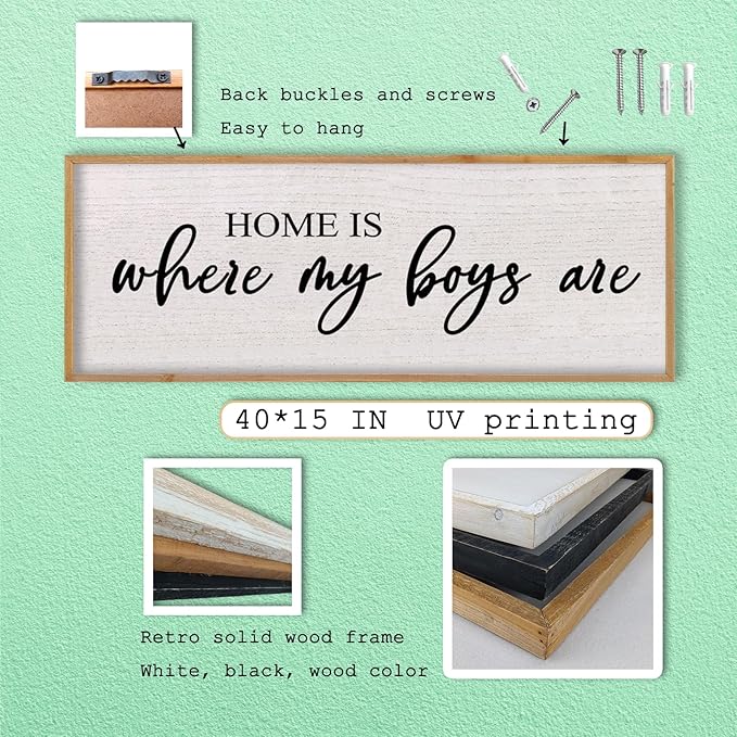 Home Is Where My Boys Are Wall Decor 40"×15" mom and her boys Sign for boys room Playroom Large Wood Framed Wall Hanging Art (Wood)