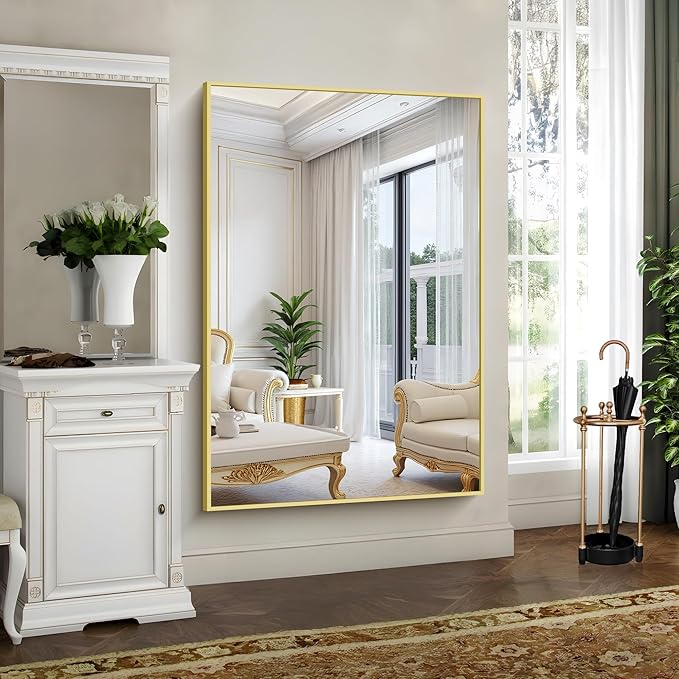 YIROMAN Bathroom Mirror 60"x40", Large Brushed Gold Bathroom Mirror for Over Sink with Aluminum Frame, Rectangular Vanity Mirror with Right Angle, Wall Mirror Hangs Horizontal or Vertical