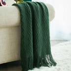 MIULEE Dark Green Knitted Throw Blanket for Couch Boho Textured Cozy Woven Blanket with Tassels for Sofa Chair Bed Living Room Acrylic Wave Pattern 50"x60"