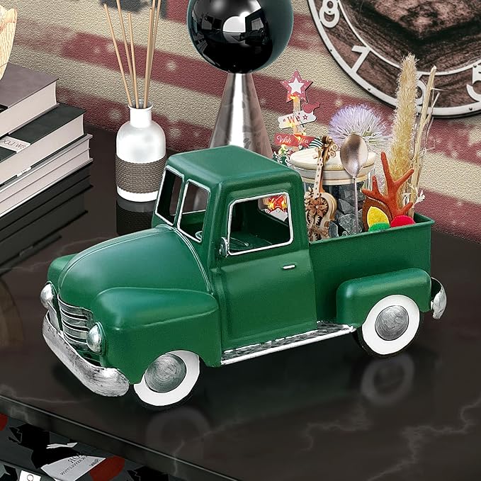 Farmhouse Green Truck Decor, Metal Pickup Truck Planter, Truck Decor, Vintage Truck Decor Desktop Storage Decor Model for Home Indoor and Outdoor Table Center Decor