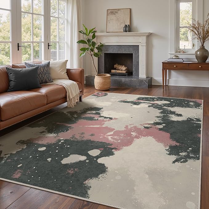 Area Rugs 8x10 for Living Room Bedroom, Modern Splash Abstract Machine Washable Rug, Large Soft Low Pile Floor Cover with Non Slip Backing for Dining Room, Pink/Charcoal