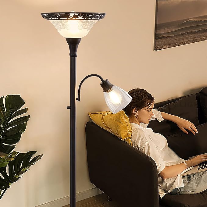 Floor Lamps for Living Room, 70" Floor Lamp Standing Torchiere Lamp with Etched Glass Shade, Metal Pole & Heavy Base, Vintage Tall Corner Lamp Decor for Bedroom, Living Room, Office. No Bulbs (2 Head)