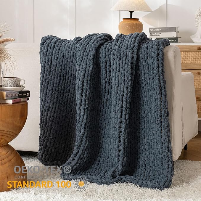 Chunky Knit Blanket Throw, 100% Hand Knit Throw Blanket Handmade Chenille Cable Knit Throw for Couch, Stylish Cozy Soft Rope Knot Crochet Blanket for Home Decor, Blue Mirage, 40x50 Inches