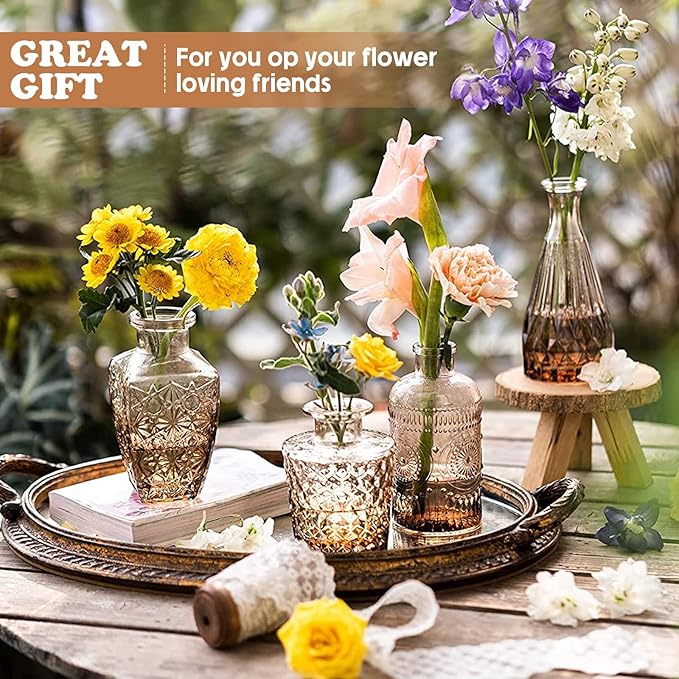 20 Pcs Glass Bud Vase Set Small Vintage Flower Vase in Bulk for Centerpieces Rustic Decorative Glass for Wedding Table Home Christmas Decoration (Amber)
