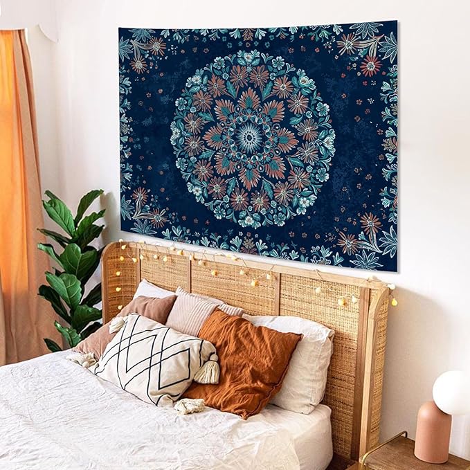 Fowocu Boho Floral Mandala Tapestry Wall Hanging Blue Bohemian Flower Medallion Tapestry Aesthetic Vintage Navy Hippie Indian Small Tapestries for Bedroom Living Room Dorm Decor 48 x 36 Inch