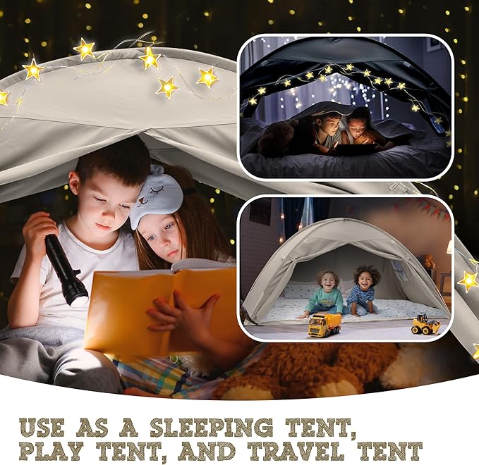 Beige Twin Bed Tent for Kids Indoor Fort - Magical Dream Tents for Boys Pop Up Toddler Bed Canopy for Girls Bunk Bed Tent for Top Bunk - Sensory Sleep Pod for Kids Educational
