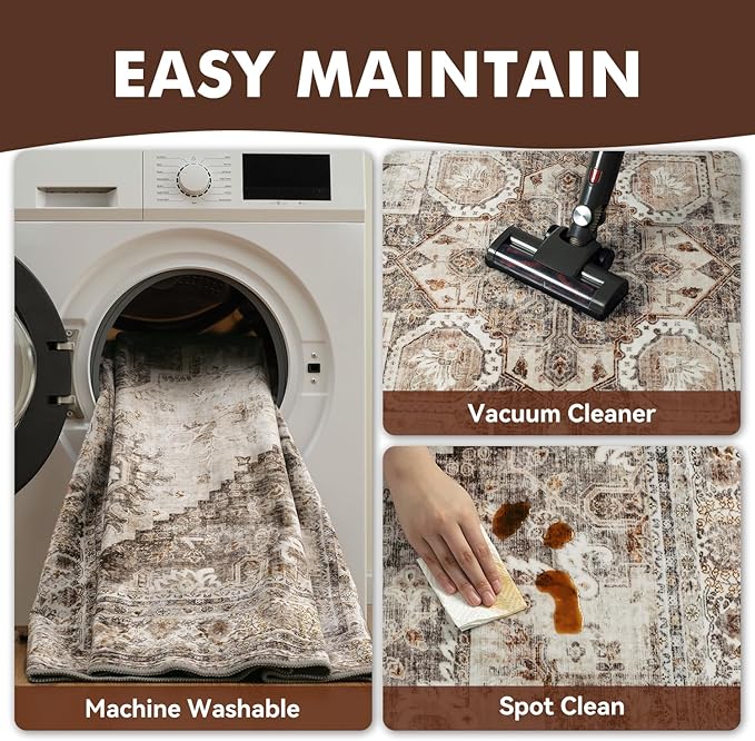 Runner 2x8 Runners for Hallways Runner-Rugs for Bedroom Soft Kitchen Machine Washable Vintage Oriental Floral Medallion Laundry Rug Non Slip Beige