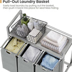 Laundry Hamper, Laundry Basket, Laundry Sorter with 3 Removable Bags, Clothes Basket with 3 Compartments, Wheels, Shelf for Laundry Room Bathroom Bedroom (3 Bags-Gray)
