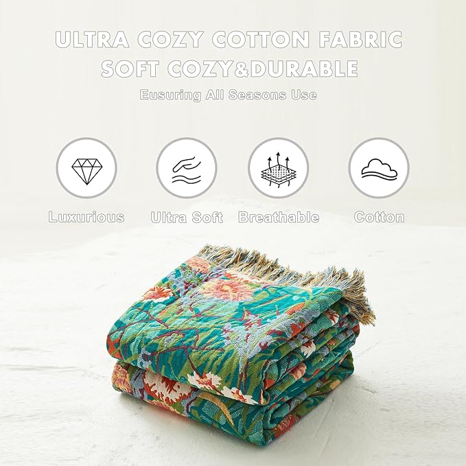 MSGKV Boho Throw Blanket for Bed Twin Size Cotton Muslin Breathable Floral Blanket 60"x80" Sofa Couch Blankets for All Seasons Lightweight Farmhouse Blankets Boho Home Decor