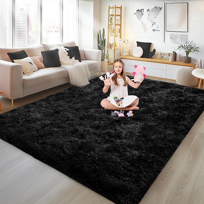 Soft Plush Shag Rug 5x7, Ultra Fluffy Rug for Living Room Bedroom, Non-Slip Fuzzy Large Area Rug for Living Room, Carpet for Girl Boy Kids, Modern Indoor Home Decor Aesthetic, Black