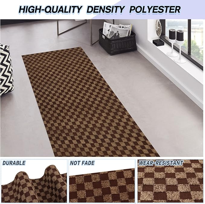 Custom Size Backed Non-Slip Area Rugs Runner, Easy Clean, Waterproof Runner Rugs for Hallway Entryway, Kitchen, Laundry, 2FT x 4FT, Brown Checkered