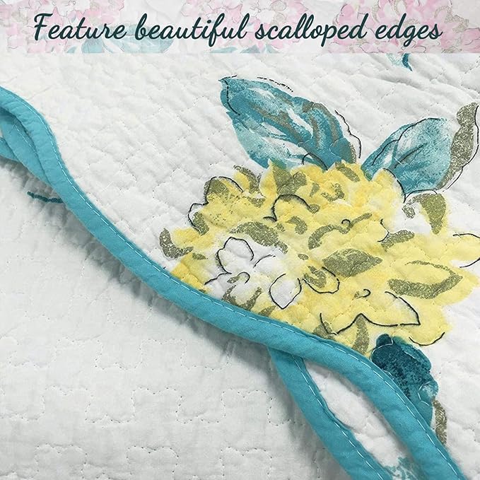 Cozy Line Home Fashions Turquoise Blue Floral Hydrangea Garden Leaf 100% Cotton Reversible Quilt Bedding Set, Coverlet, Bedspread (Valencia Bloom, Queen - 3 Piece)