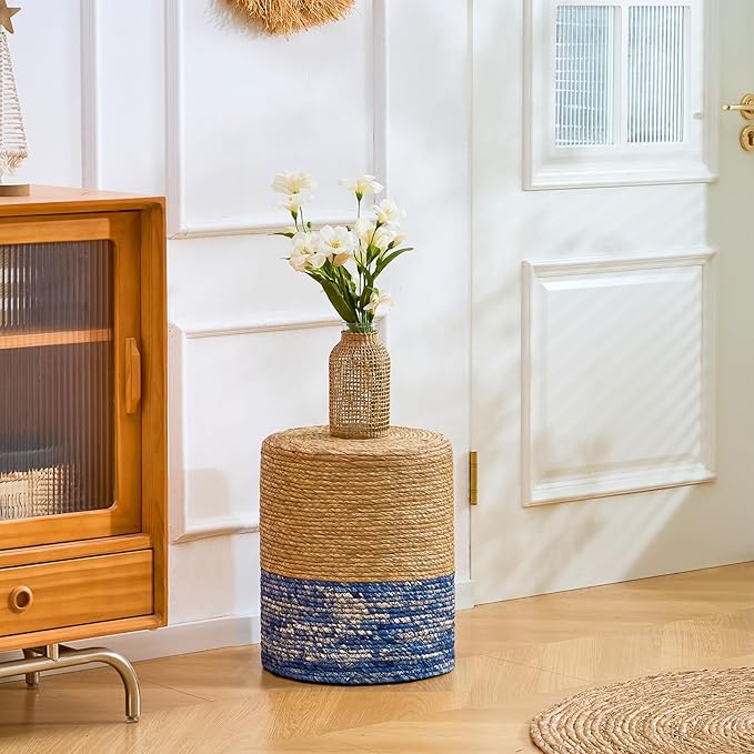 Wimarsbon Natural Seagrass Foot Stool, Hand Weaving Round Ottoman, for Living Room, Outdoor Seat (Natural & Blue)