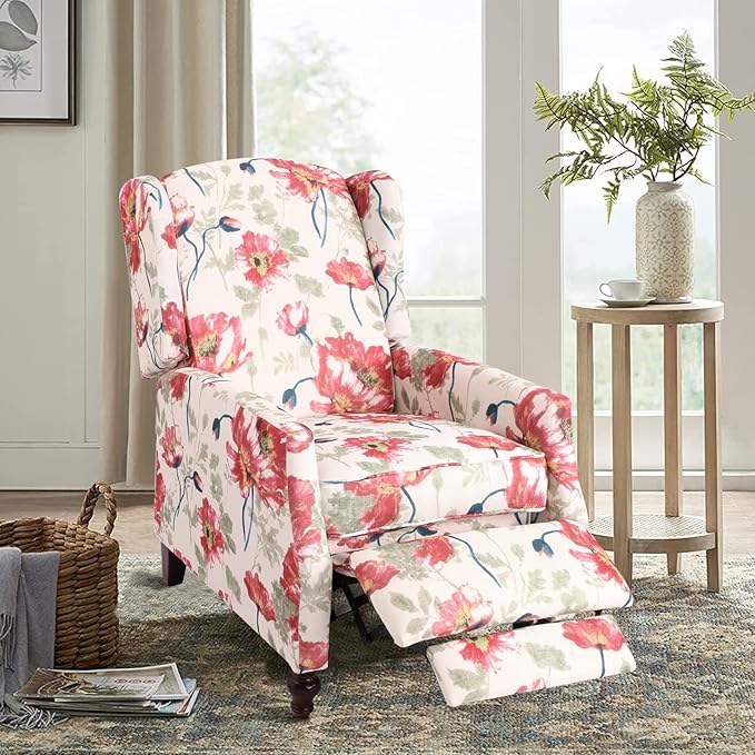 Upholstered Wingback Recliner Chair, Traditional Push Back Recliner Chair with Padded Seat, Fabric Floral Wingback Recliner with Wooden Legs, Small Recliners for Small Spaces