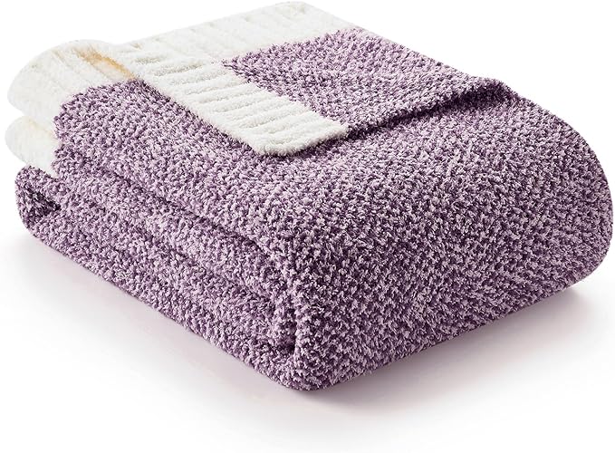 Snuggle Sac Purple Reversible Super Soft Blanket Twin Size for Bed and Sofa, Warm Cozy Knit Blankets Fuzzy Plush, Heather Purple, 60x80 inches