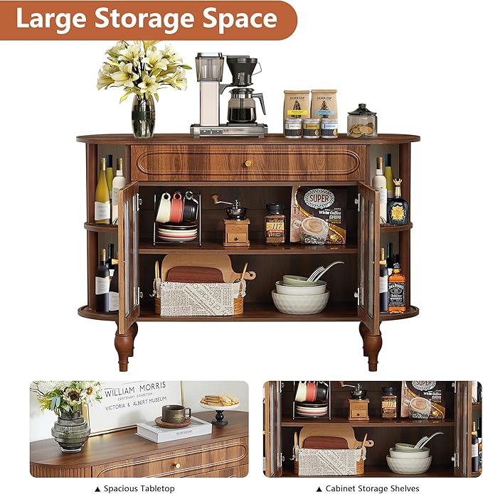 47'' Fluted Sideboard Buffer Cabinet with Drawer, Modern Credenza Storage Cabinet, Bar Cabinet Console Table with Tambour Sliding Side for Living Dining Room Kitchen Hallway Entryway, Walnut