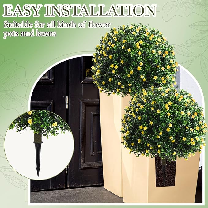 Yunlly Set of 2 Artificial Boxwood Topiary Ball Tree Fake Bushes Shrubs Outdoor Faux Plant with Ground Spike Flowers UV Resistance Greenery for Front Porch Garden Patio Indoor(Yellow,27x18inch)
