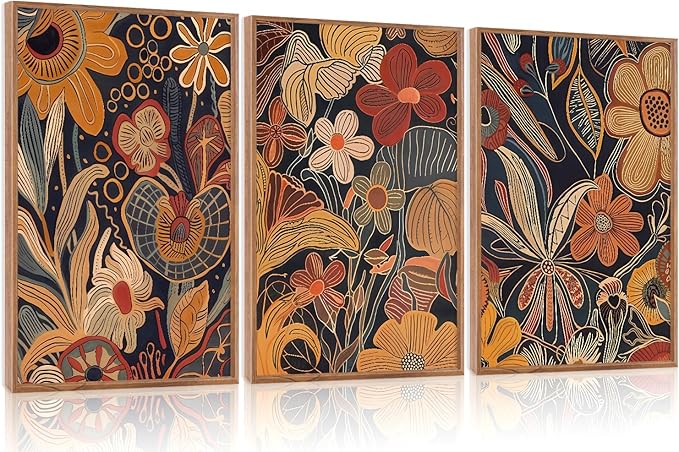 Aurlan Burnt Orange Wildflowers Botanical Wall Art Set(16"x24"), 3 Pieces Abstract Floral Blossom Framed Canvas Artwork, Large Mid Century Modern Boho Nature Wall Decor for Office Bedroom Living Room