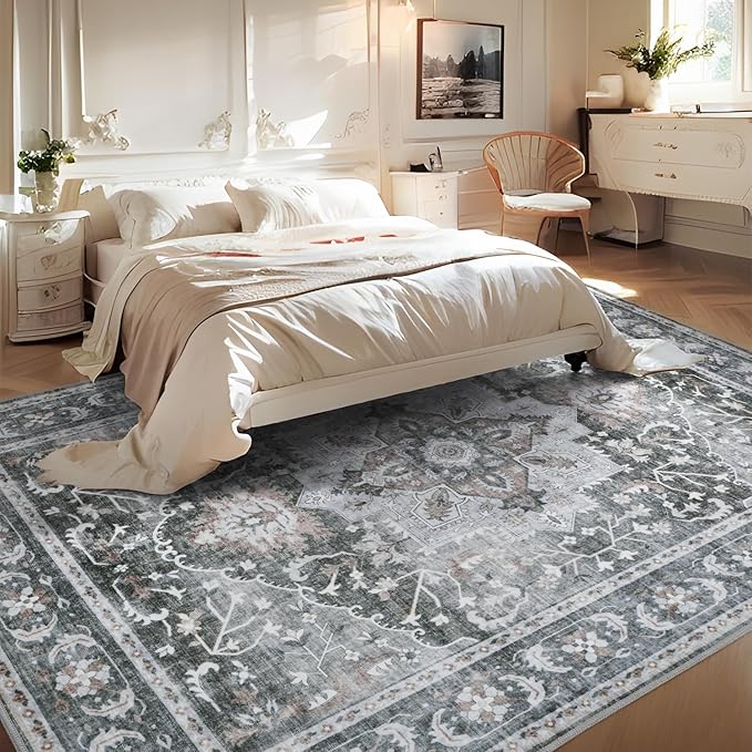 Grey Large 9x12 Area Rugs for Living Room Rug Bedroom Rug-Carpet Washable Neutral Vintage Dining Room Rugs for Under Table Soft Comfortable Non Slip