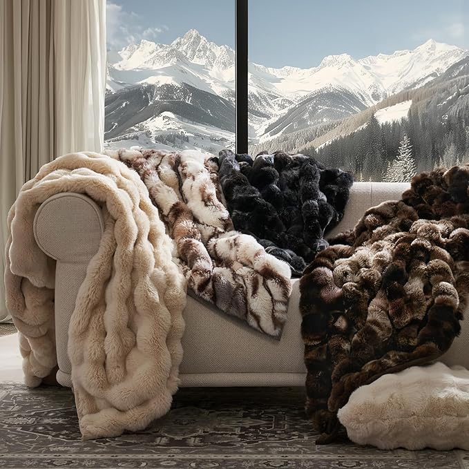 EVERGRACE Ultra Soft Luxury Fluffy Ridgeline Faux Rabbit Fur Bubble Throw Blanket, Thick Warm Fuzzy Throw for Bed, Cozy Plush Reversible Blanket for Couch,Charcoal Grey Heather, 50x60 Inches, 870 GSM