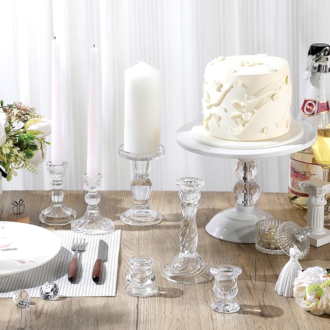 Mumufy 6 Pcs Glass Crystal Taper Candle Holders Clear Glass Candlestick Holder Fit 0.8 Inch Candles Crystal Decorative Candle Stand Centerpiece Table Wedding Dining Party (Simple,Clear)