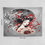 Japanese Geisha Tapestry Asian Red Cherry Blossom Red Sun Traditional Kimono Folk Tapestries Home Decor for Living Room Bedroom Apartment Farmhouse Dorm 80"x60"