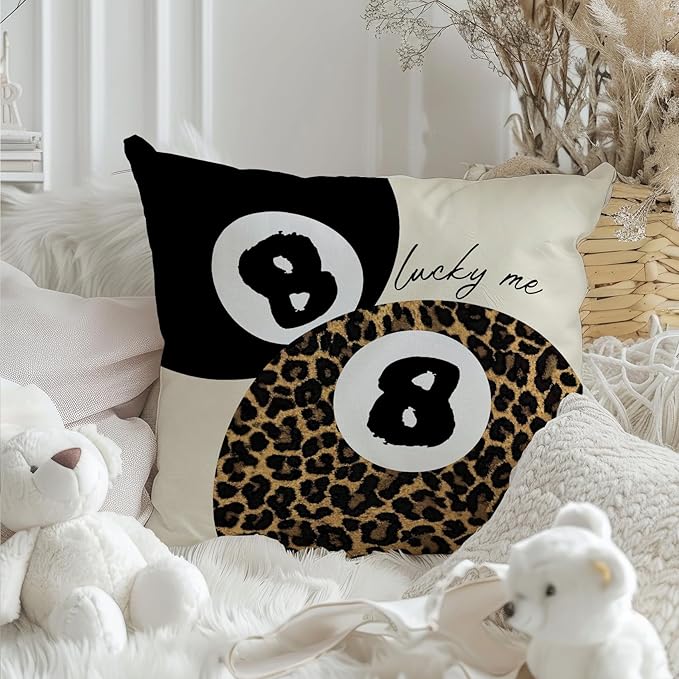 Coquette Pink Bow Leopard Print Lips Lucky 8 Ball Throw Pillow Covers 18x18, Cheetah Room Decor, Funky Y2K Leopard Print Decorative Pillow Covers for Girls Room Dorm Apartment Home