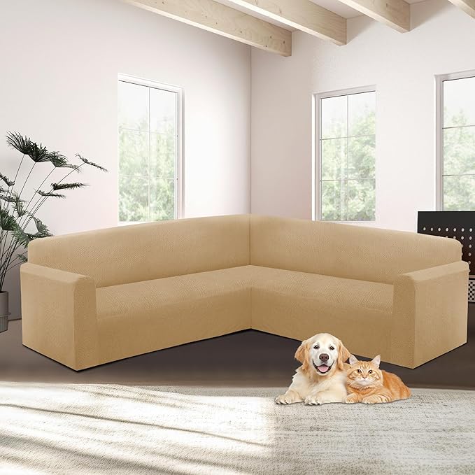 HDCAXKJ Sectional Couch Cover L Shape Stretch Sofa Covers Washable Jacquard Corner Couch Slipcover Non Slip Sectional Slip Cover U Shaped Furniture Protector for Pets Dogs (Apricot, Small)