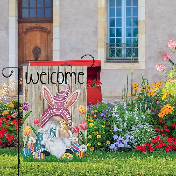 Welcome Easter Gnome Garden Flag 12x18 Double Sided Burlap, Funny Bunny Floral Small Yard Flag Banner for Holiday Farmhouse Outdoor Decor (ONLY FLAG)