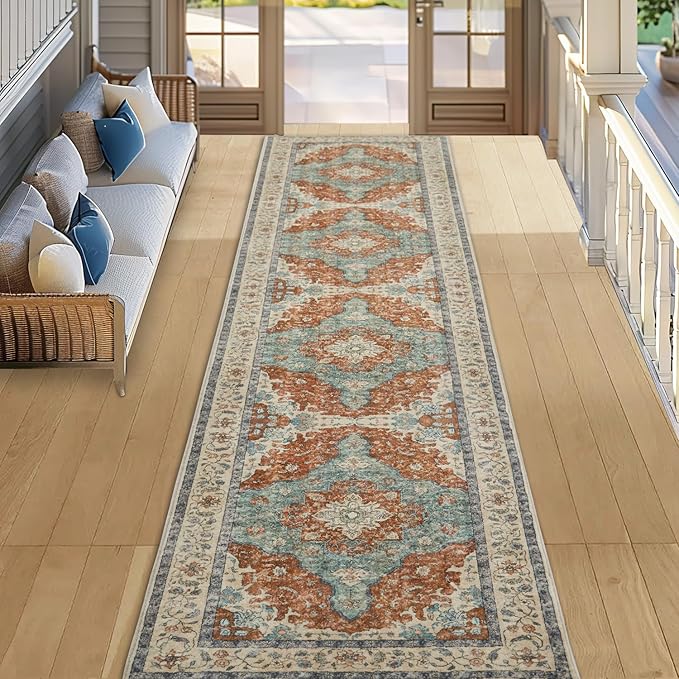 Topllen Runner Rug - 2'x10' Boho Washable Kitchen Rug, Non-Slip Soft Low Pile Rugs Indoor for Hallway Hall Living Room Bedroom Sunroom, Vintage Throw Stair Carpet Stain Resistance (Rust, 2x10ft)