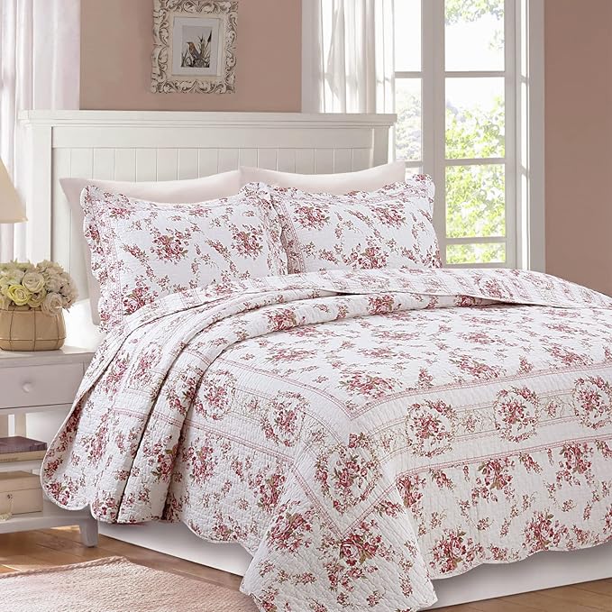 Cozy Line Home Fashions 100% Cotton Quilt Bedding Set, Pink Floral Reversible Coverlet Bedspread (Vintage Rose, Twin - 2 Piece)