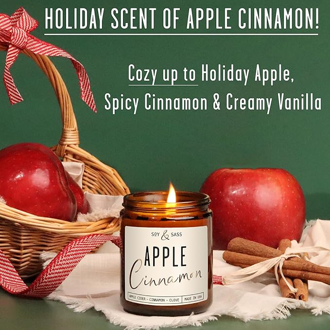 Apple Cinnamon Candles, Cinnamon Apple Candle - 'Apple Cinnamon' Infused w/Essential Oils I Scented Strong Soy Candles for Home for Christmas/Fall I Apple Pie Candle I 50Hr Burn, Made in USA