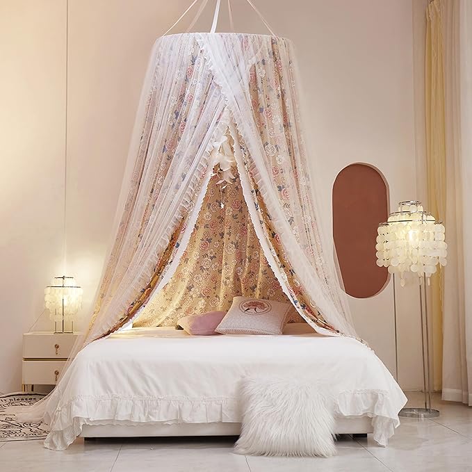 VETHIN Double Layer Princess Round Dome Canopy Bed Curtain for Girls Adults,Children Dreamy Mosquito Net,Cute Bedroom Decoration Castle Play Tent Reading Nook Canopies (Flowers/White)