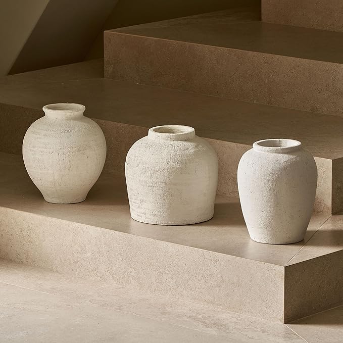 LB2 Large White Ceramic Vase, 11" Tall Zen Style Rustic vase, Terra Cotta Pitcher Vase, Distressed Farmhouse Decor, Pottery Decorative Flower for Home Decor (H 11" X 11")