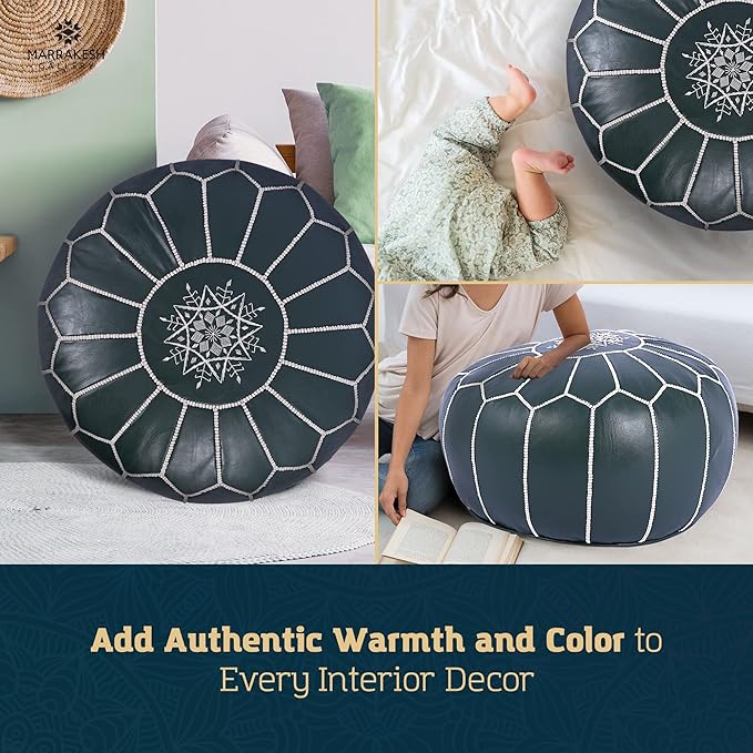 Marrakesh Gallery Genuine Leather Round Pouf Unstuffed - Moroccan Ottoman Footstool, Footrest Cover - Boho Decor - Bohemian Living Room, Bedroom, Kids Room, Gift & Wedding