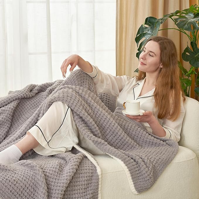 Snuggle Sac Grey Waffle Throw Blanket for Couch Bed Sofa 60x80 inches, Reversible Grey Blanket Microfiber Fluffy Fuzzy Cozy Knit Twin Blanket for Women Mothers Birthday Gifts